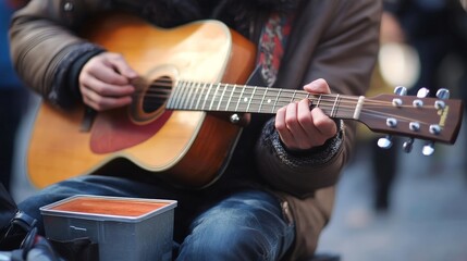 Fototapeta premium A close-up of a street musician playing a guitar, with a small donation box beside them and people passing by