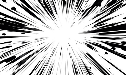 Explosion effect with dynamic lines and splatters, black and white design, radiating outward from center