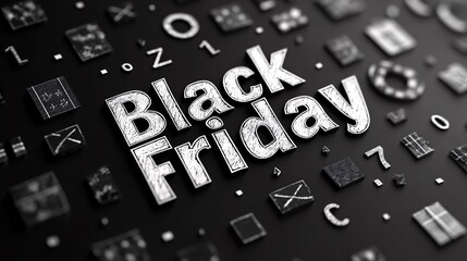 Black and white pattern with the words "Black Friday" in bold letters, repeating pattern of text on a black background, high resolution, high detail, sharp focus, studio photography, stock photo