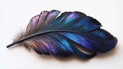 A finely detailed raven feather glistens with dark iridescence against a pristine backdrop, highlighting its elegant allure.