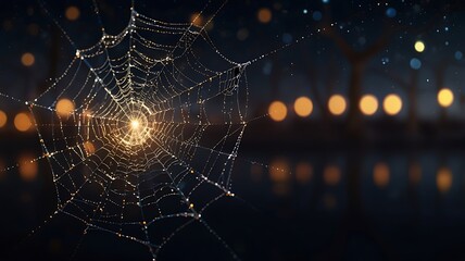 Naklejka premium Dewdrops Glimmer On A Spiders Web At Night