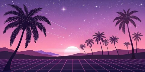 Naklejka premium A twilight scene dominated by pastel pink and purple hues with neon palm trees silhouetted against a grid horizon that fades into a starry sky filled with abstract shapes.