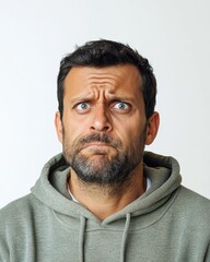 Fototapeta premium Magazine cover featuring a 40 years old man in a sweatshirt, displaying a worried and angry facial expression against a white background.