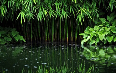 A cluster of bamboo plants by a pond, their reflection shimmering in the water