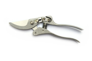 Silver garden secateurs isolated on a white background.