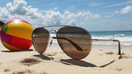 Stylish aviator sunglasses resting on golden sandy beach with colorful beach ball, ocean and fluffy clouds in background, perfect summer vacation scene