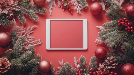 Fototapeta premium The perfect seasonal mockup with festive holiday flatlay, featuring a white tablet with pine branches, ornaments, and berries on coral background.