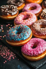 Delicious homemade donuts with colorful frosting, perfect for dessert or sweet treats