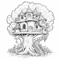 Fototapeta premium A whimsical treehouse with multiple levels, a winding staircase, and a large tree trunk.