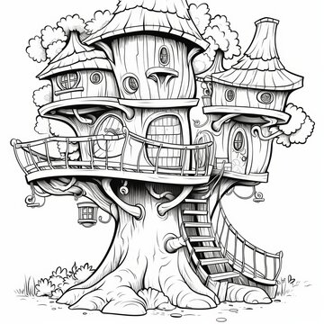 recommend clip art: A whimsical treehouse with multiple levels, a balcony, windows, doors, and a staircase.
