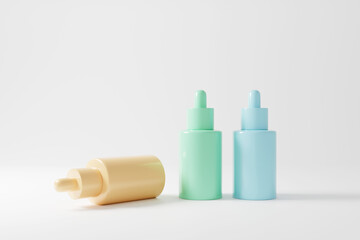 3D Collection of modern skincare and cosmetic products in chic pink packaging. Consists of lotion bottles, cream bottles, serum droppers and spray bottles arranged neatly on a beige background.