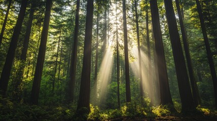 Obraz premium A dense forest filled with towering trees, sunlight filtering through the thick canopy