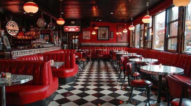A retro diner interior with red booths, checkered floors, and vintage light fixtures.