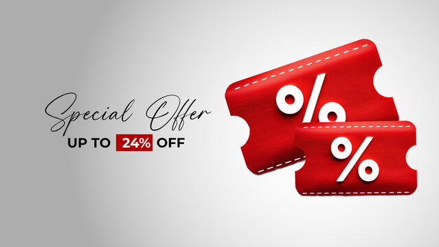 fundo branco com cupons vermelhos de desconto "up to 24% off"