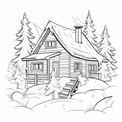 Naklejka premium A simple line drawing of a cozy cabin in the woods with a snowy roof and smoke coming from the chimney.
