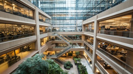 Modern Open Space Office Interior with Glass Facade, Multi-Level Workstations, Greenery, and Abundant Natural Light in a Contemporary Urban Setting