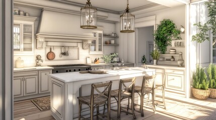 Fototapeta premium Bright and Airy Modern Kitchen Design Featuring Ample Natural Light and Elegant Decor, Perfect for Culinary Enthusiasts and Home Chefs