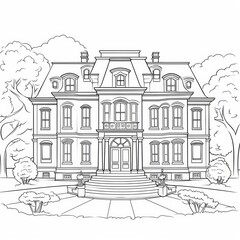 Fototapeta premium A line drawing illustration of a large, stately house with a grand entrance and symmetrical windows. The house is surrounded by trees and bushes.