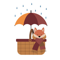 Orange vector illustration of a beautiful adult young funny fox in a basket in a scarf with an umbrella in a rainy autumn isolated on a white background