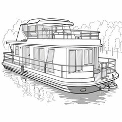 A houseboat with a deck on top, with trees in the background.