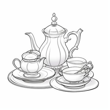 recommend clip art: A hand-drawn illustration of a classic tea set, featuring a teapot, creamer, two cups, and saucers.