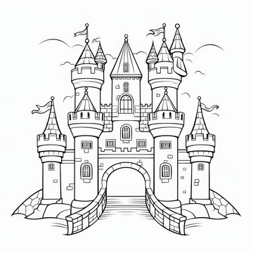 recommend clip art: A detailed black and white outline drawing of a fairytale castle with drawbridge, towers, windows, and flags.
