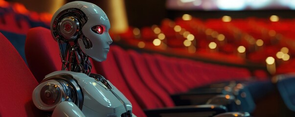 Fototapeta premium Robot experiencing human leisure at the cinema. Generative AI image