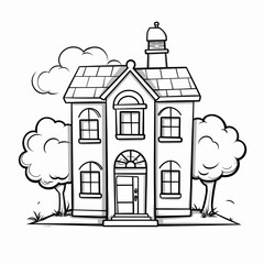 Fototapeta premium A cartoon illustration of a two-story house with a chimney, windows, a door, and trees.