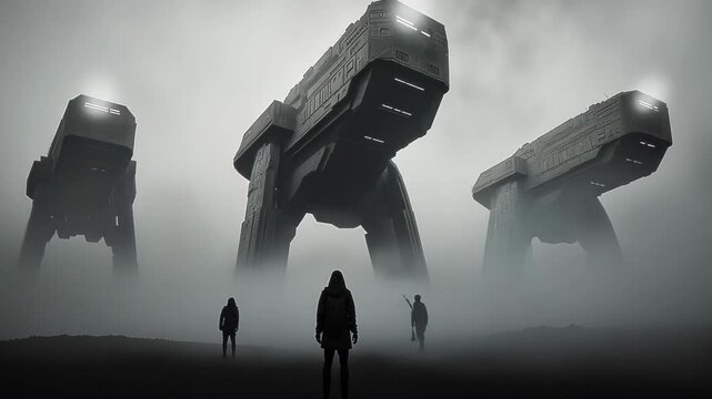 Massive monolithic structures emerge from misty waters under stormy skies. Lone figure silhouetted against towering ancient-tech monuments. 
