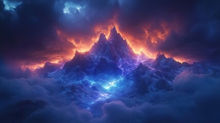 Create a panoramic view of a majestic mountain peak under a dramatic sky with vibrant, futuristic lighting effects