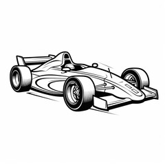 Obraz premium A black and white illustration of a race car speeding forward.