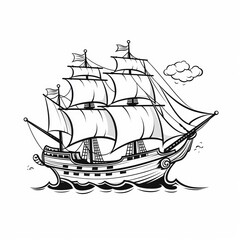 A black and white illustration of a sailing ship with full sails, a cloud, and birds in the sky.