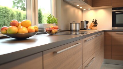 Modern Kitchen Interior with Fruit Bowl, Sleek Countertop, Stainless Steel Appliances, and Bright Natural Light Enhancing a Warm and Inviting Space for Culinary Enthusiasts
