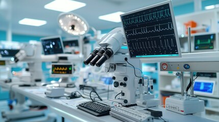 A modern medical laboratory featuring advanced robotic equipment, monitoring systems, and surgical tools in a bright, sterile environment.