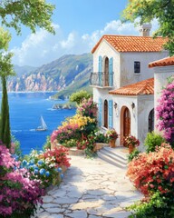 Beautiful house surrounded by flowers, mediterranean architecture oil painting on canvas.