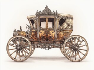 Fototapeta premium A front view illustration of an elegant classic horse-drawn carriage with intricate wheels, set against a white background.