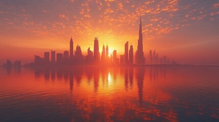 A beautiful sunset over a city skyline with the sun reflecting on the water.
