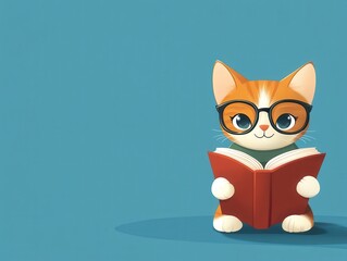 Obraz premium cat in glasses reading a book on blue background, we banner format