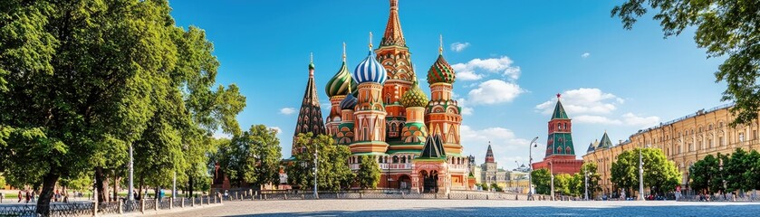 Fototapeta premium A vibrant view of Saint Basil's Cathedral in Moscow, showcasing its iconic colorful domes and surrounding greenery under a clear blue sky.