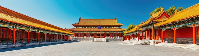 A panoramic view of a traditional Chinese palace featuring vibrant orange roofs, intricate architecture, and a clear blue sky.