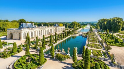 A stunning aerial view of a grand garden estate featuring lush greenery, ornamental trees, and serene waterways under a clear blue sky.
