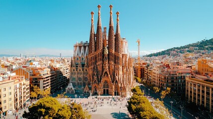 A stunning aerial view of the Sagrada Familia in Barcelona, showcasing its unique architecture amidst the vibrant city landscape.