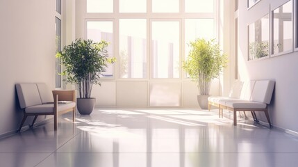 Bright and Airy Modern Lobby with Large Windows, Indoor Plants, and Comfortable Seating in a Contemporary Interior Design Setting