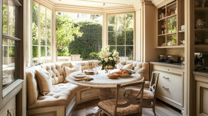 Elegant and Cozy Kitchen Dining Area with Sunlight Streaming Through Windows, Featuring Stylish Furniture and Beautiful Floral Centerpiece