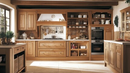 Elegant wooden kitchen interior with classic design featuring spacious cabinets, a modern oven, and a cozy atmosphere perfect for culinary creations and family gatherings