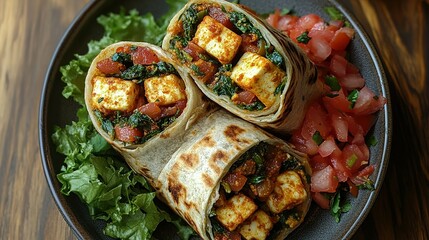 Three savory paneer and spinach wraps served with fresh tomato salsa and lettuce.