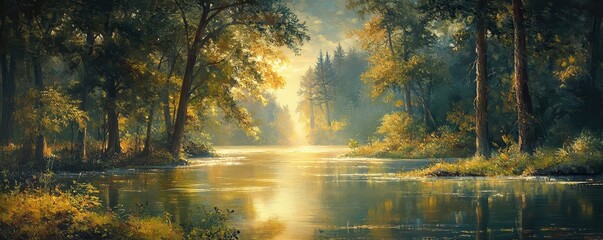 Obraz premium Enchanted woodlands. Serene capture of forest bathed in gentle morning sunlight reflecting in tranquil river ideal nature landscape and scenic collections