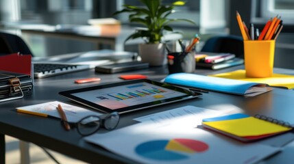 Modern Office Workspace with Digital Tablet Displaying Colorful Graphs Surrounded by Office Supplies, Notes, and a Small Plant on the Desk