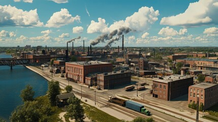 Obraz premium Industrial Cityscape with Smoke Stacks and Clouds Overhead, Riverbank with Trees and Trains Near Factories and Warehouses in a Vibrant Urban Setting