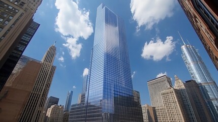 Naklejka premium Modern Skyscraper Against a Clear Blue Sky Featuring Reflections and Urban Landscape in a Bustling City Environment with Dramatic Cloud Patterns